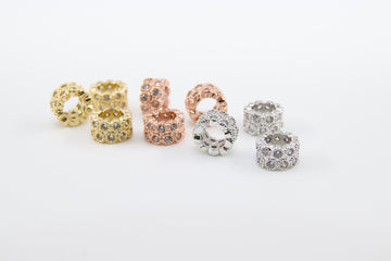 CZ Micro Pave Beads, 2 Pcs Tube Beads 5 mm x 8 mm Cubic Zirconia Hexagon Honeycomb Focal beads, Silver, Gold, Rose Big Hole Beads - A Girls Gems